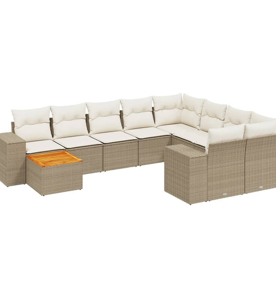 10-tlg. Garten-Sofagarnitur mit Kissen Beige Poly Rattan