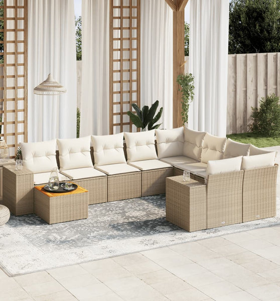 10-tlg. Garten-Sofagarnitur mit Kissen Beige Poly Rattan