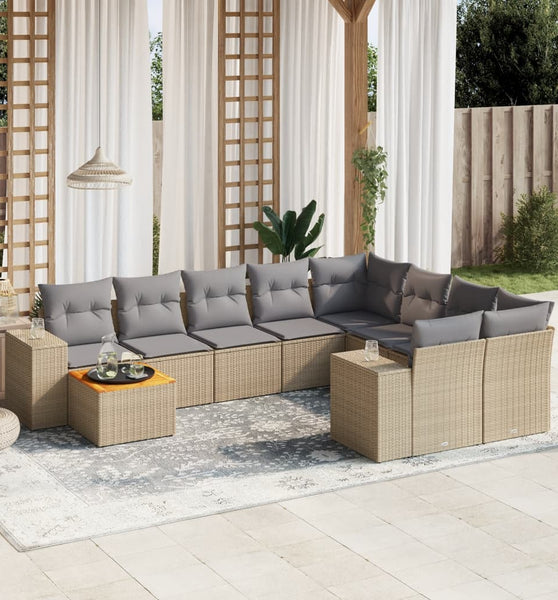 10-tlg. Garten-Sofagarnitur mit Kissen Beige Poly Rattan