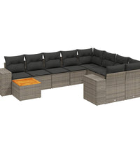10-tlg. Garten-Sofagarnitur mit Kissen Grau Poly Rattan