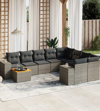 10-tlg. Garten-Sofagarnitur mit Kissen Grau Poly Rattan