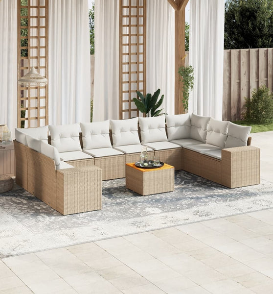11-tlg. Garten-Sofagarnitur mit Kissen Beige Poly Rattan