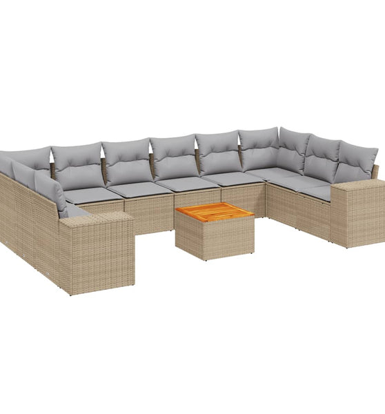 11-tlg. Garten-Sofagarnitur mit Kissen Beige Poly Rattan