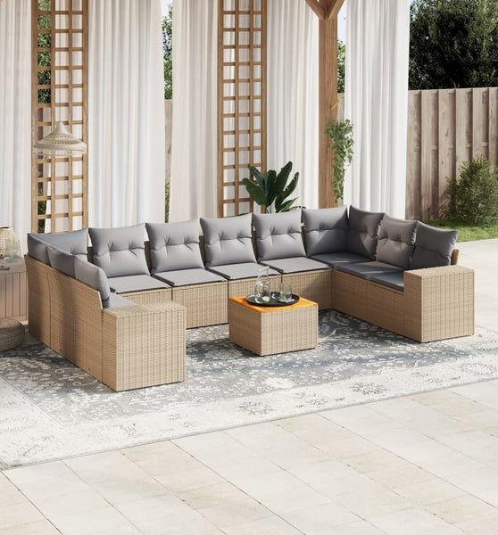 11-tlg. Garten-Sofagarnitur mit Kissen Beige Poly Rattan