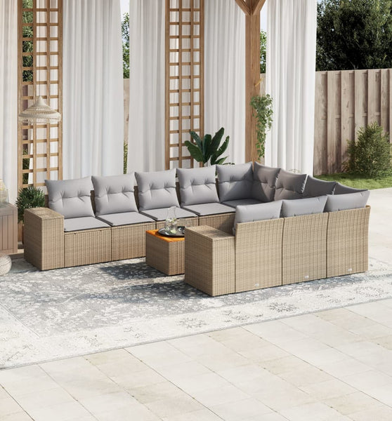 11-tlg. Garten-Sofagarnitur mit Kissen Beige Poly Rattan