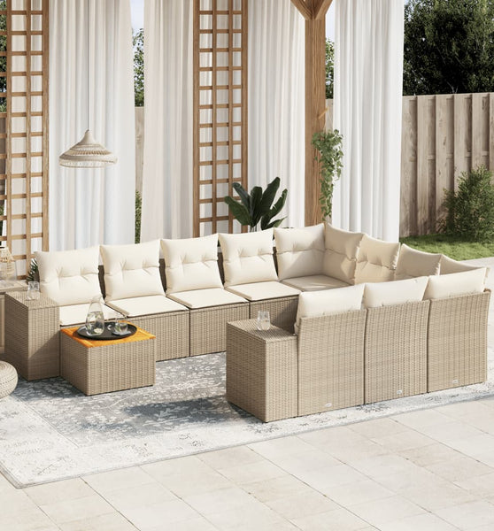 11-tlg. Garten-Sofagarnitur mit Kissen Beige Poly Rattan