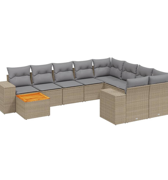 11-tlg. Garten-Sofagarnitur mit Kissen Beige Poly Rattan