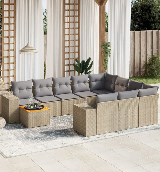 11-tlg. Garten-Sofagarnitur mit Kissen Beige Poly Rattan