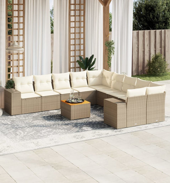 11-tlg. Garten-Sofagarnitur mit Kissen Beige Poly Rattan
