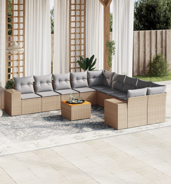 11-tlg. Garten-Sofagarnitur mit Kissen Beige Poly Rattan