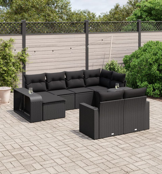 10-tlg. Garten-Sofagarnitur mit Kissen Schwarz Poly Rattan