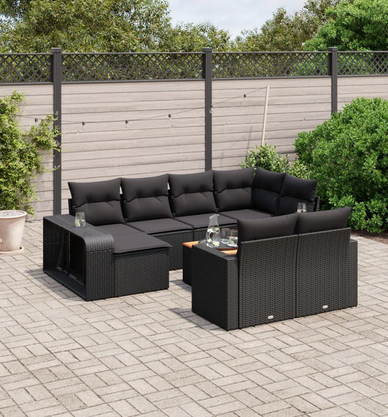 11-tlg. Garten-Sofagarnitur mit Kissen Schwarz Poly Rattan