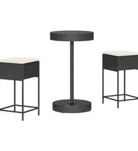 3-tlg. Gartenbar-Set mit Kissen Schwarz Poly Rattan