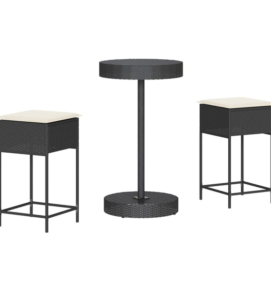3-tlg. Gartenbar-Set mit Kissen Schwarz Poly Rattan