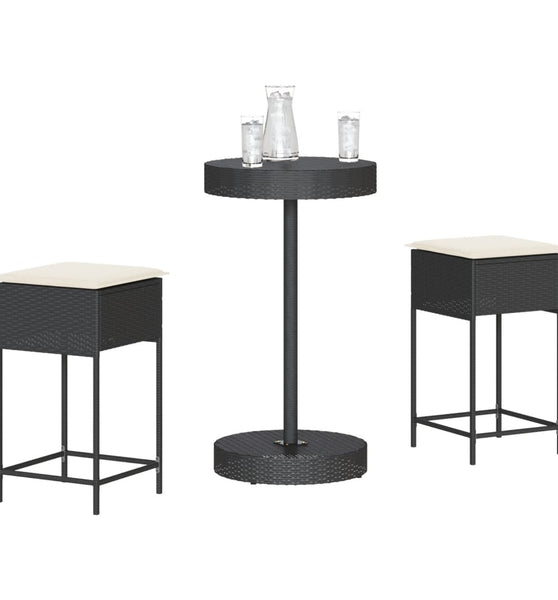 3-tlg. Gartenbar-Set mit Kissen Schwarz Poly Rattan
