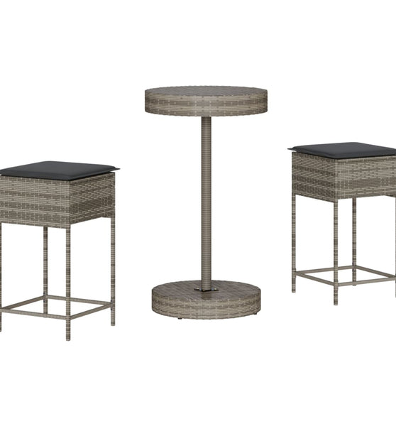 3-tlg. Gartenbar-Set mit Kissen Grau Poly Rattan