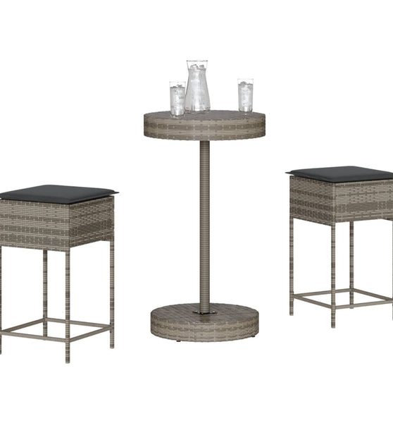 3-tlg. Gartenbar-Set mit Kissen Grau Poly Rattan