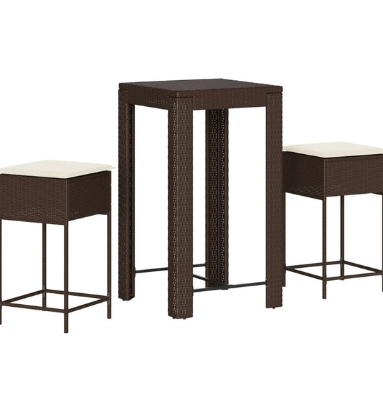 3-tlg. Gartenbar-Set mit Kissen Braun Poly Rattan