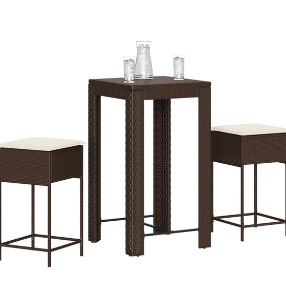 3-tlg. Gartenbar-Set mit Kissen Braun Poly Rattan