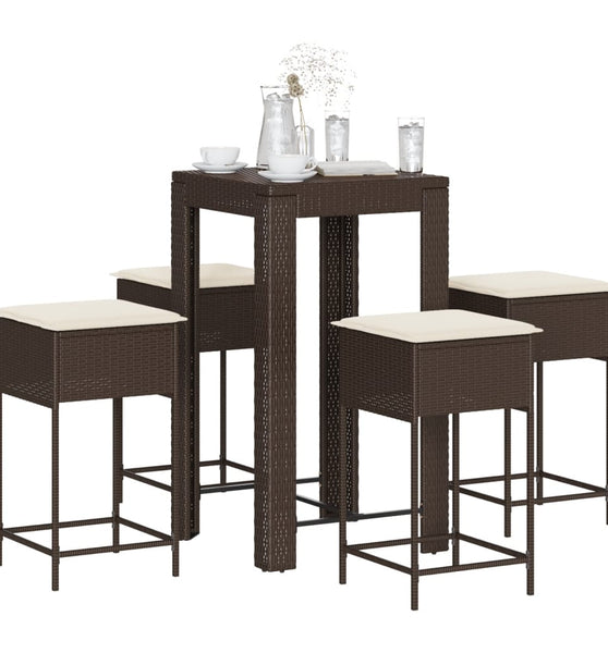5-tlg. Gartenbar-Set mit Kissen Braun Poly Rattan