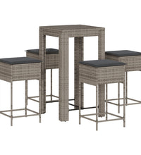 5-tlg. Gartenbar-Set mit Kissen Grau Poly Rattan