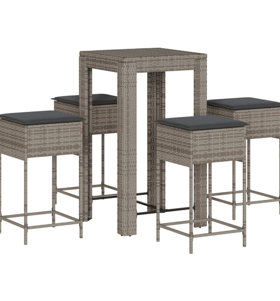 5-tlg. Gartenbar-Set mit Kissen Grau Poly Rattan