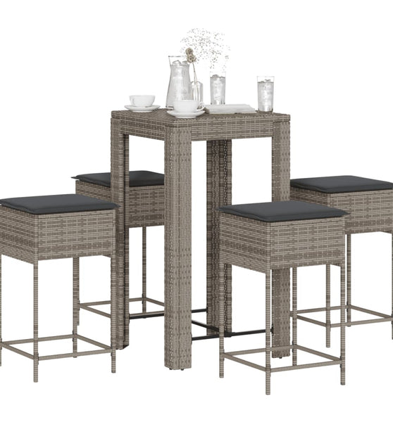 5-tlg. Gartenbar-Set mit Kissen Grau Poly Rattan