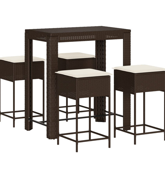 5-tlg. Gartenbar-Set mit Kissen Braun Poly Rattan