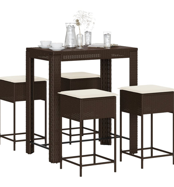 5-tlg. Gartenbar-Set mit Kissen Braun Poly Rattan