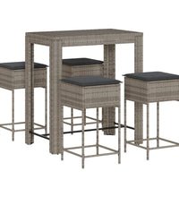 5-tlg. Gartenbar-Set mit Kissen Grau Poly Rattan