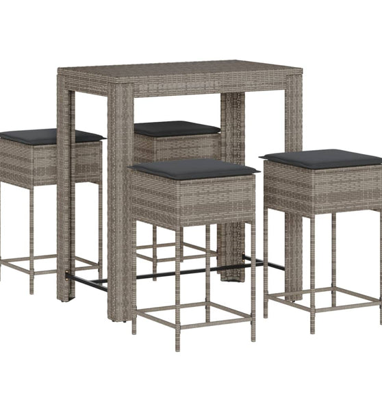 5-tlg. Gartenbar-Set mit Kissen Grau Poly Rattan