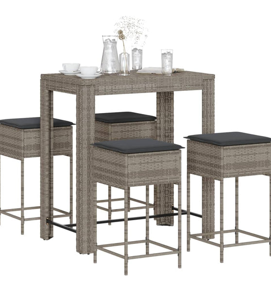 5-tlg. Gartenbar-Set mit Kissen Grau Poly Rattan