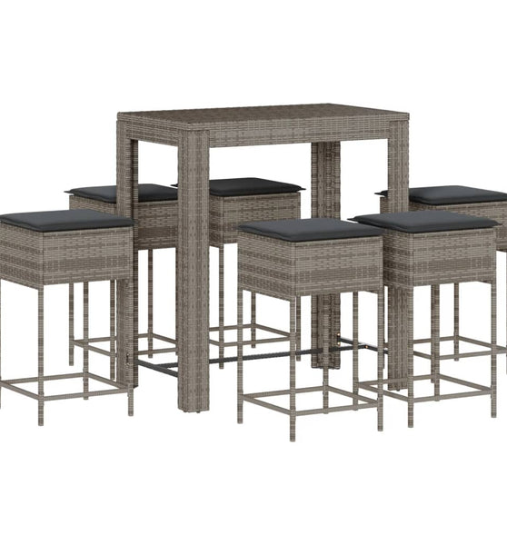 7-tlg. Gartenbar-Set mit Kissen Grau Poly Rattan