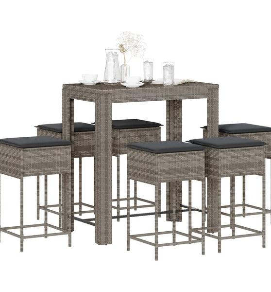 7-tlg. Gartenbar-Set mit Kissen Grau Poly Rattan
