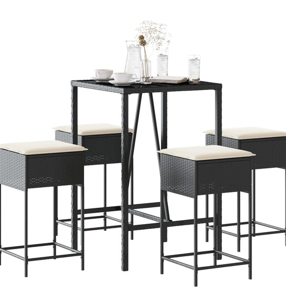 5-tlg. Gartenbar-Set mit Kissen Schwarz Poly Rattan