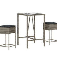 3-tlg. Gartenbar-Set mit Kissen Grau Poly Rattan