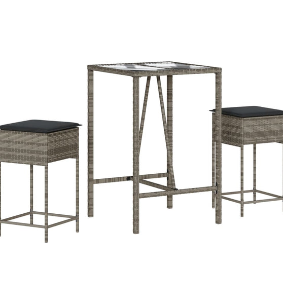 3-tlg. Gartenbar-Set mit Kissen Grau Poly Rattan