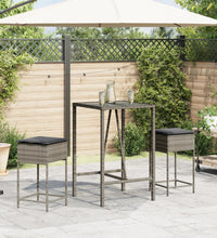 3-tlg. Gartenbar-Set mit Kissen Grau Poly Rattan