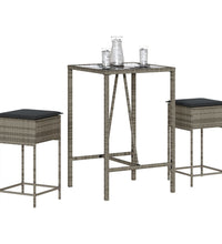 3-tlg. Gartenbar-Set mit Kissen Grau Poly Rattan