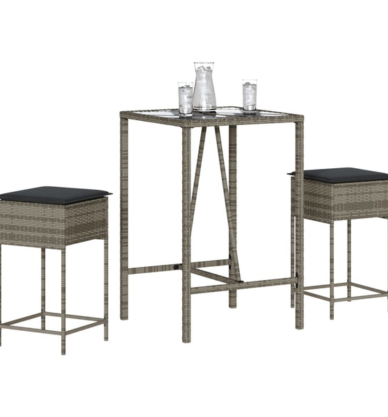 3-tlg. Gartenbar-Set mit Kissen Grau Poly Rattan