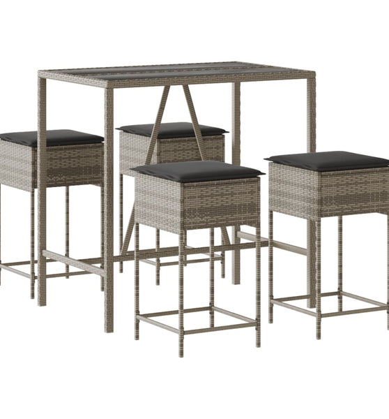5-tlg. Gartenbar-Set mit Kissen Grau Poly Rattan