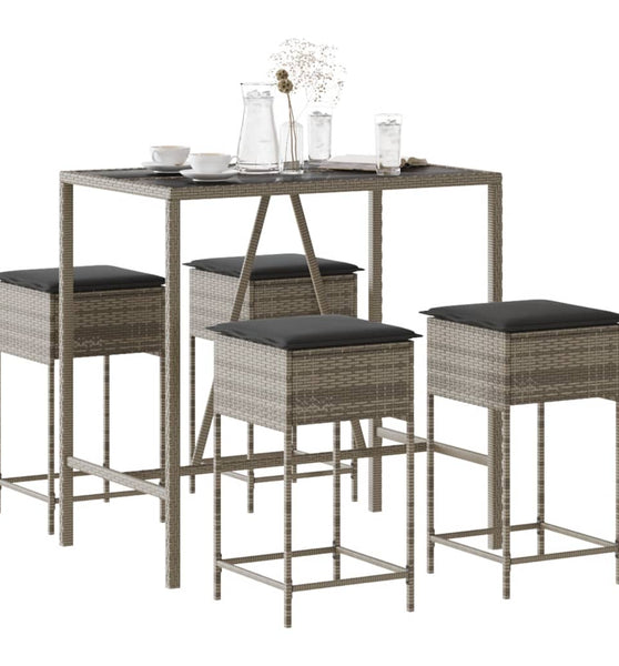 5-tlg. Gartenbar-Set mit Kissen Grau Poly Rattan