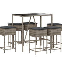 7-tlg. Gartenbar-Set mit Kissen Grau Poly Rattan