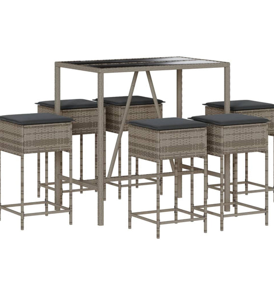 7-tlg. Gartenbar-Set mit Kissen Grau Poly Rattan