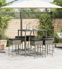 7-tlg. Gartenbar-Set mit Kissen Grau Poly Rattan
