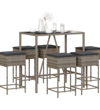 7-tlg. Gartenbar-Set mit Kissen Grau Poly Rattan