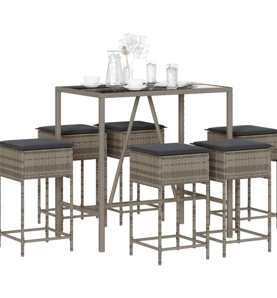 7-tlg. Gartenbar-Set mit Kissen Grau Poly Rattan