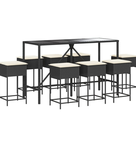 9-tlg. Gartenbar-Set mit Kissen Schwarz Poly Rattan