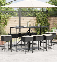 9-tlg. Gartenbar-Set mit Kissen Schwarz Poly Rattan