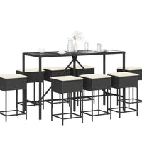 9-tlg. Gartenbar-Set mit Kissen Schwarz Poly Rattan